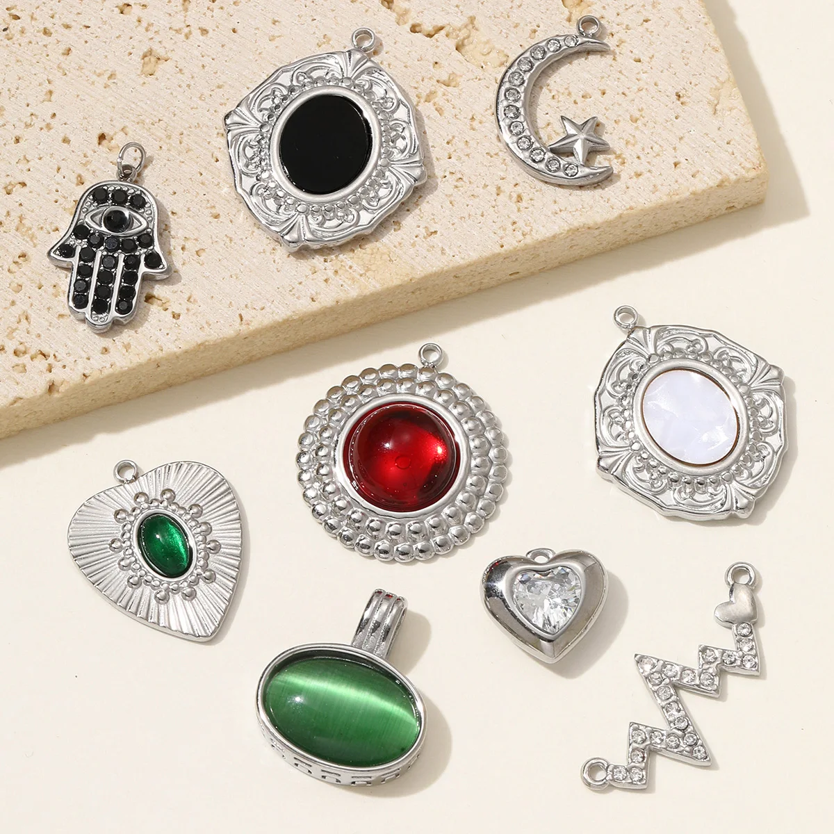 3 teile/los Edelstahl Herz Oval Strass Halskette Anhänger Spiegel Polnischen Stern Mond DIY Charme Frauen Hamsa Hand Schmuck