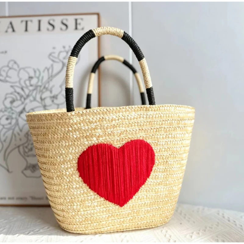 Kokosnuss-Stickerei Strohgewebte Strandtasche, Große Kirsch-Tragetasche, Damen Sommer Casual Urlaubstasche mit Schriftzug – Detail 15