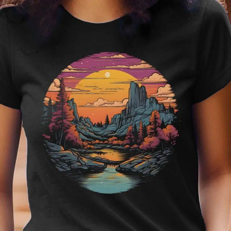 طبيعة تي شيرت ريترو خمر المشهد نهر والجبال L #1
