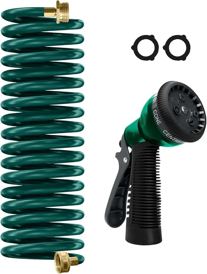 

Coil Hose 15FT EVA Coil Garden Hose With 3/4'' Brass Connector Coiled Water Hose Lightweight And No Kink Includes 7 Patterns Spr