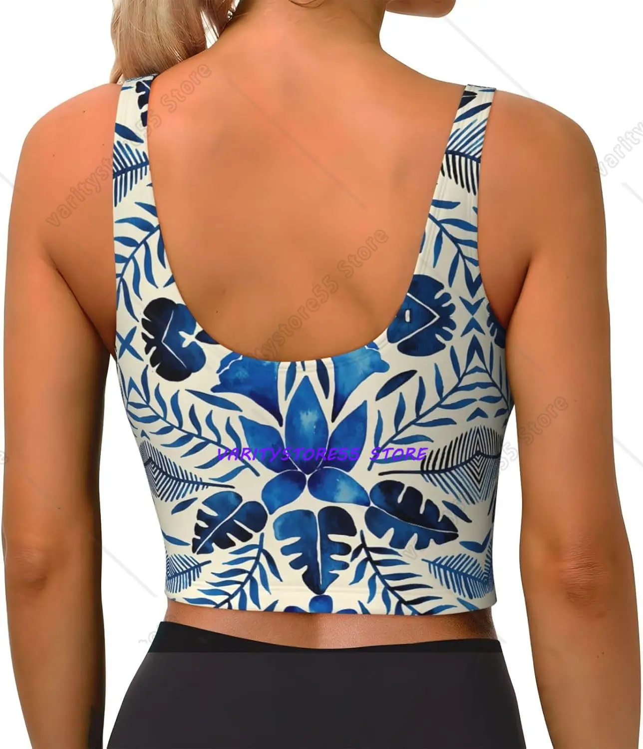 Blue Watercolor Floral Women's Sports Bra Yoga Crop Gym Tank Tops U Back Exercise Workout Top Removable Pads Fitness Outfit