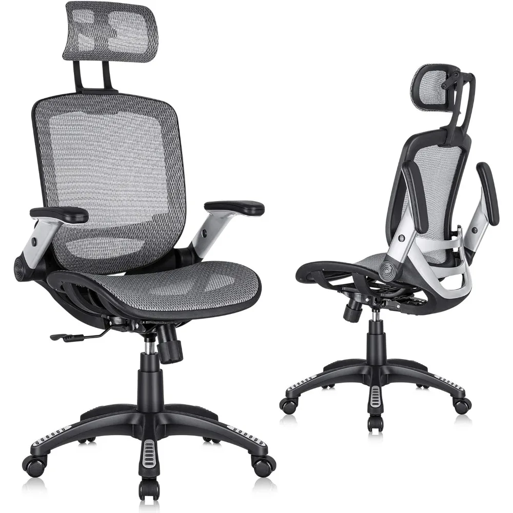 

Adjustable Headrest with Flip-Up Arms, Tilt Function, Lumbar Support and PU Wheels, Swivel Computer Task Chair, Grey