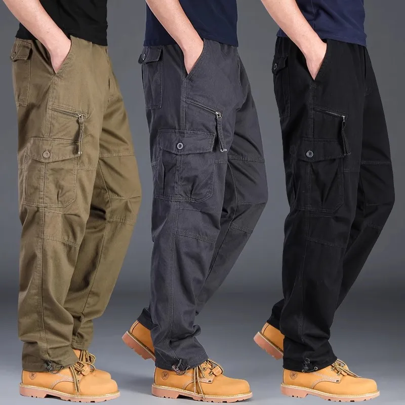 Men Loose Straight Cargo Pants Elastic Waistband Multi Utility Pockets Fabric Work Trousers For Work Hiking Outdoor Daily