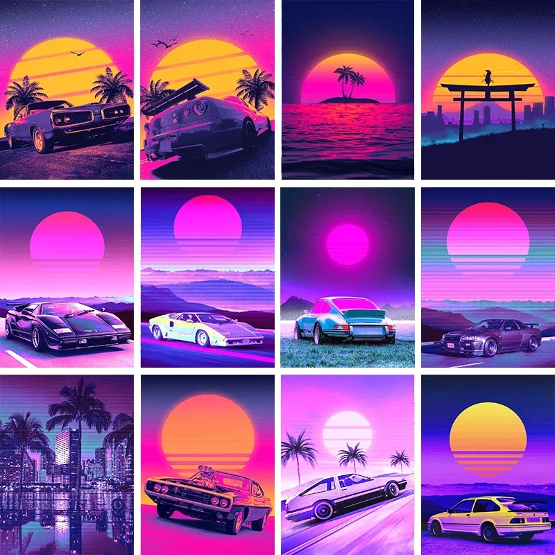 80s Outrun Vaporwave Style Poster City Street Night CAR HOUSE SUNSET Canvas Painting Wall Art Mural Decoration Kawaii Room Decor