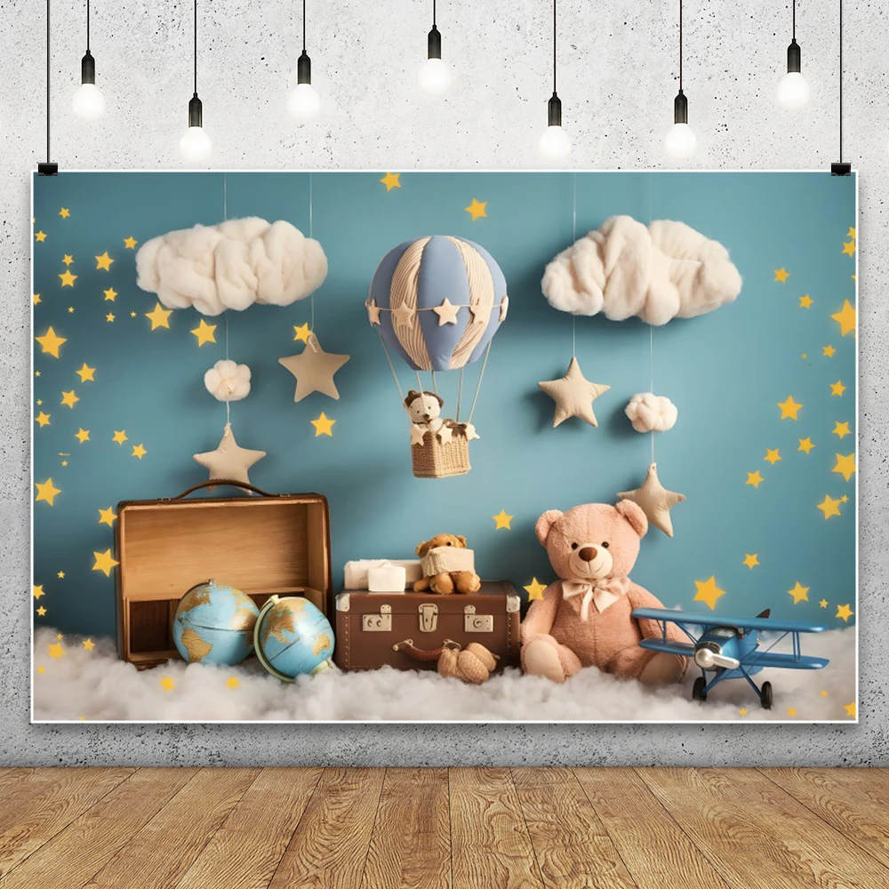 Teddy Bear Adventure Pilot Photography Background Baby Shower Birthday Party Hot Air Balloons Plane Travel Kids Photo Backdrops