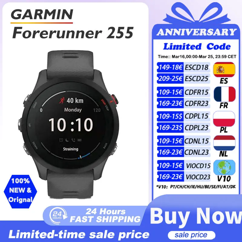 Montre Garmin Forerunner 255, montre connectée sportive Garmin, 46 mm, écran couleur 1,3'', autonomie de 14 jours, 4 Go de RAM, NFC, Bluetooth, Wifi, étanche 5 ATM