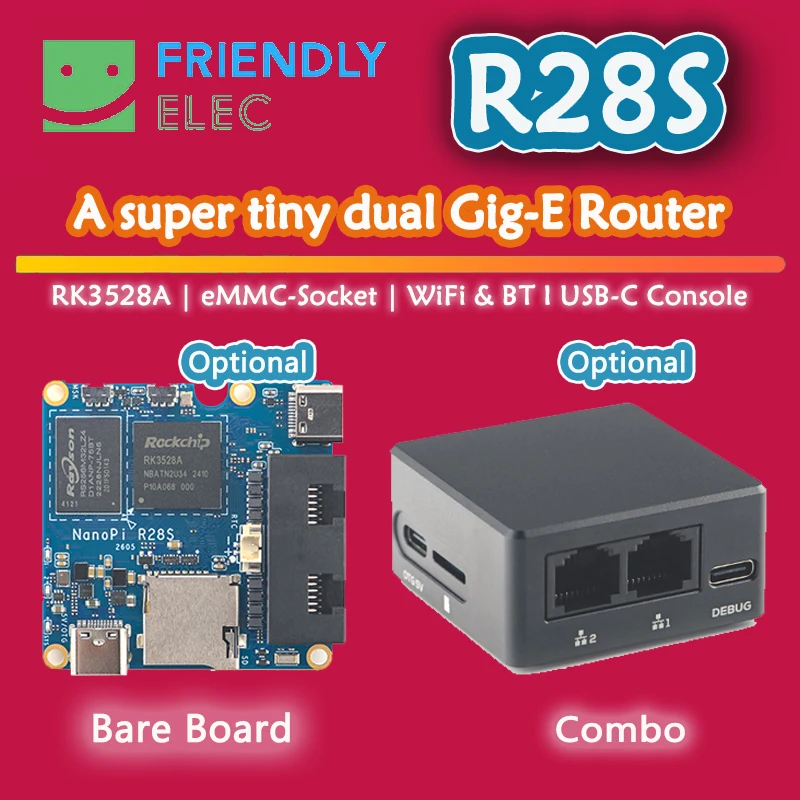 NanoPi R28S Quad-core ARM A53 RK3528A, EMMC-Socket, WiFi&BT, USB-C Console Super Tiny Dual Gig-E, Supports EMMC Module