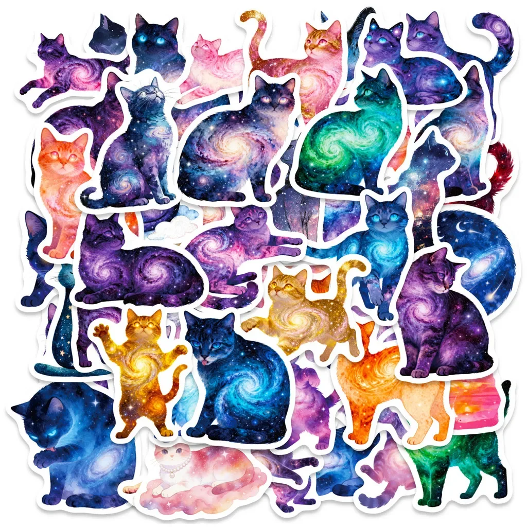 56Pcs Starry Sky Cat Graffiti Stickers, Colorful Cosmic Meow Creature Cute Decals for DIY Craft Decoration Papery Pop Store