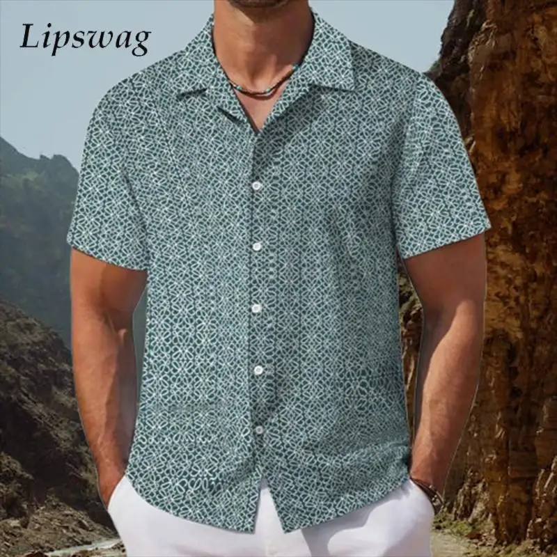 

Vintage Textured Short Sleeve Buttoned Shirts Men's Clothing Summer Vacation Casual Turn-down Collar Button-up Mens Cardigans