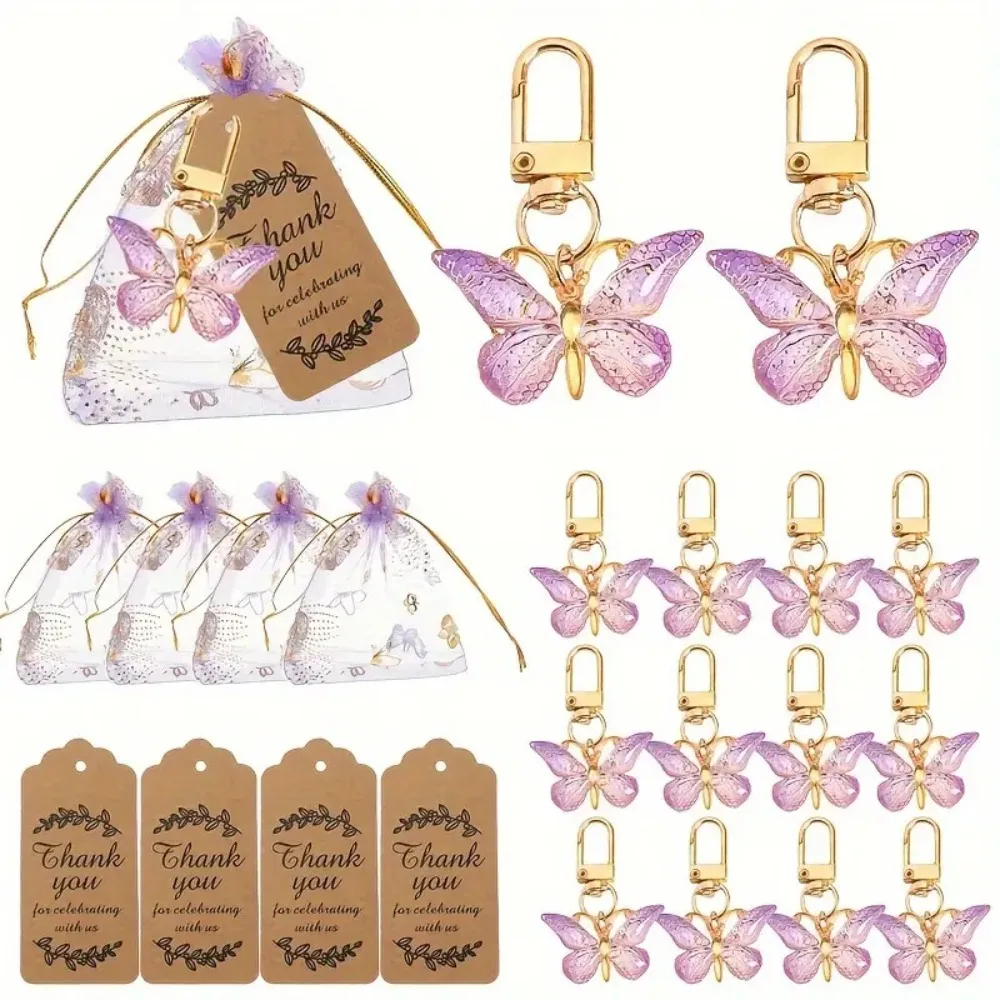 18 Stück/6 Set Farbverlauf Lila Schmetterling Acryl Schlüsselanhänger Partybevorzugung Geschenkset für Mädchen Geburtstag