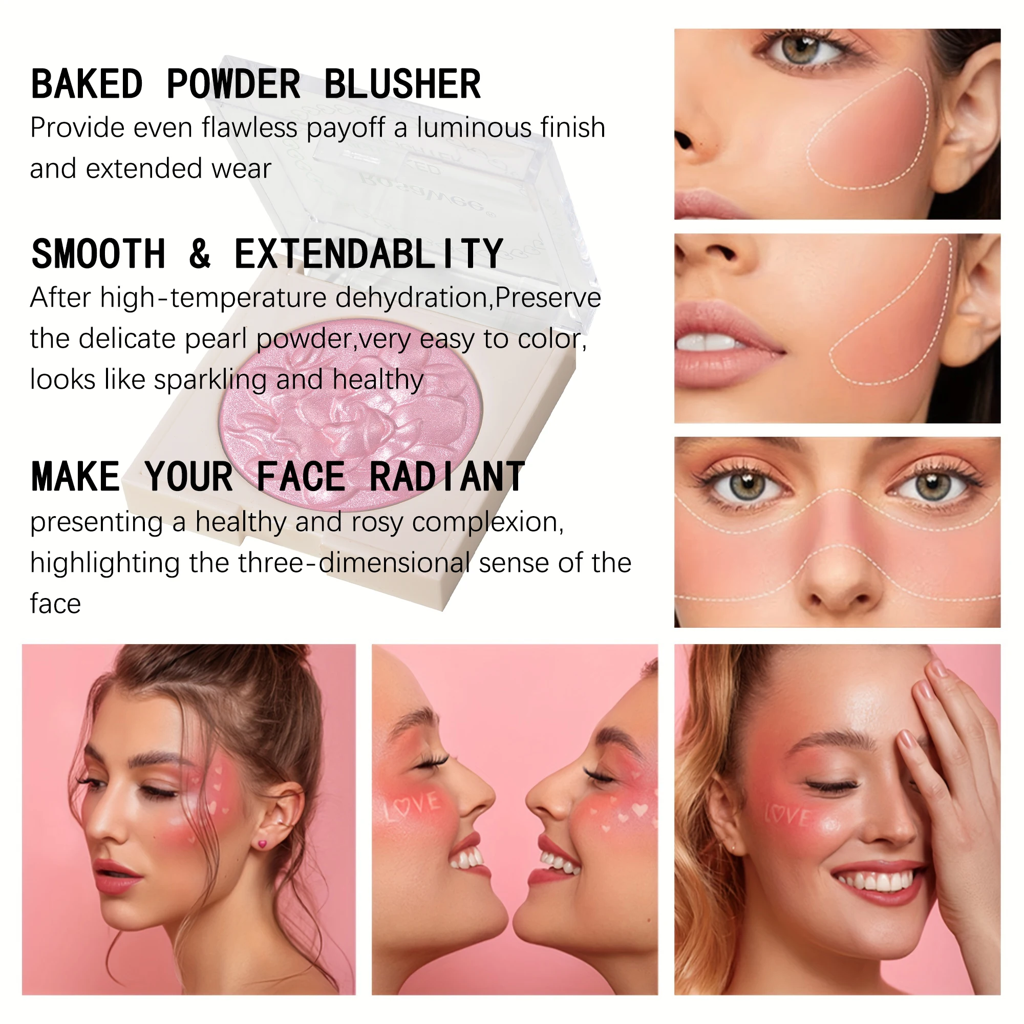 Perłowy połyskujący róż w proszku, jednokolorowy róż, drobny puder, poprawia koloryt skóry, róż bez latającego pudru