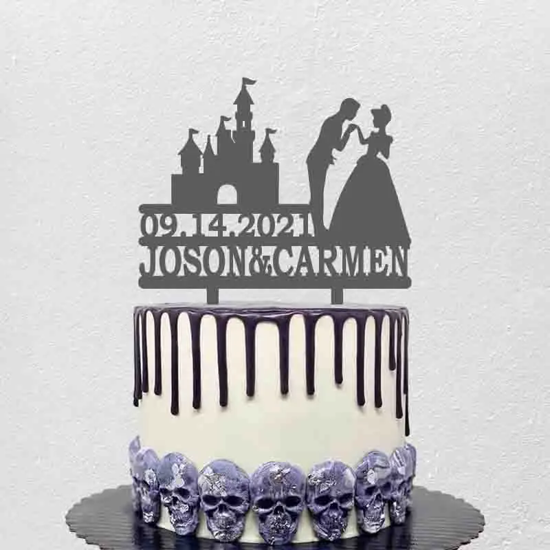 Nombre personalizado fecha princesa y Príncipe silueta Castillo Cenicienta pastel de boda Topper YC197