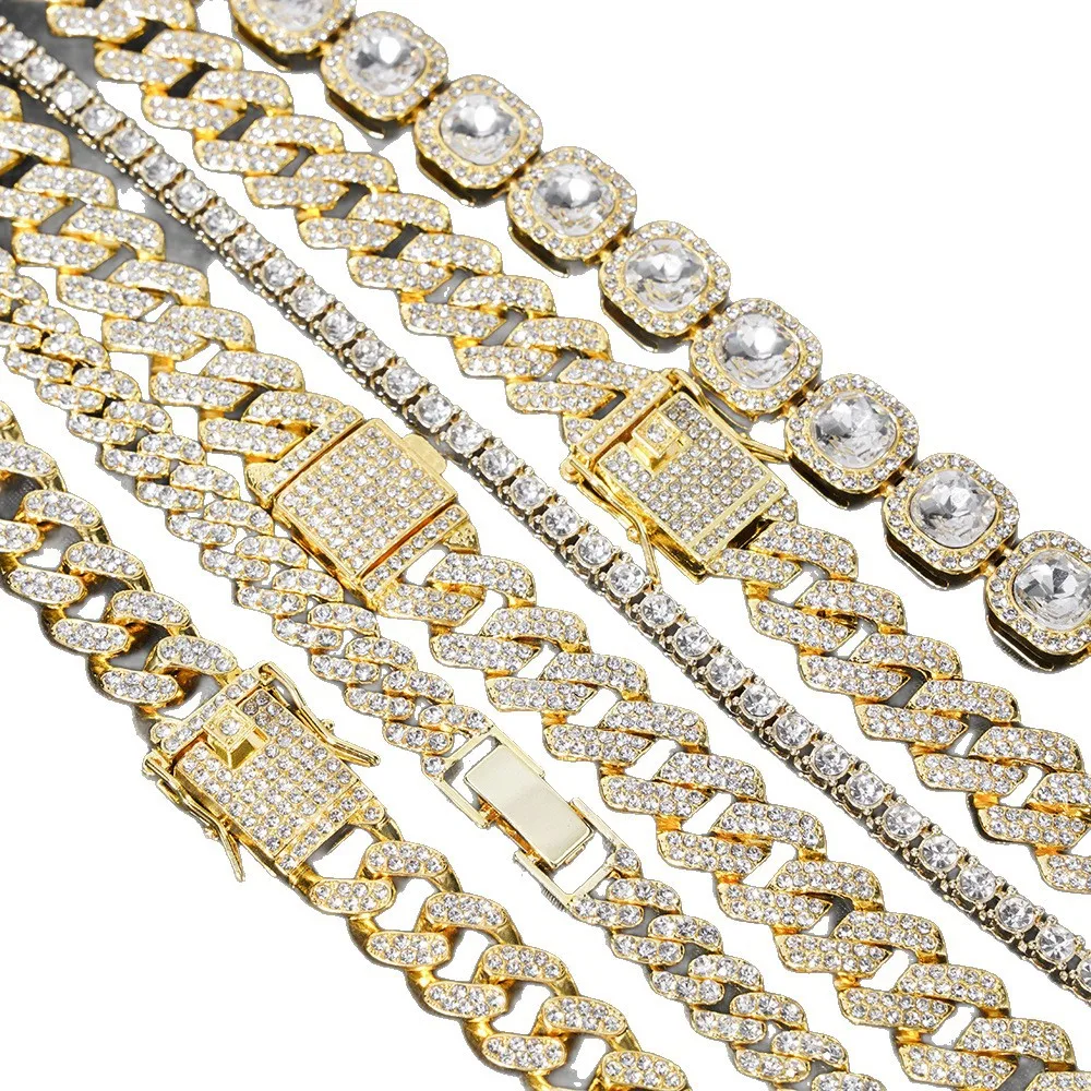 Full Iced Out Rhinestone Cuban Link Chain Hip Hop Men Necklace Choker DIY Jewelry Accessories