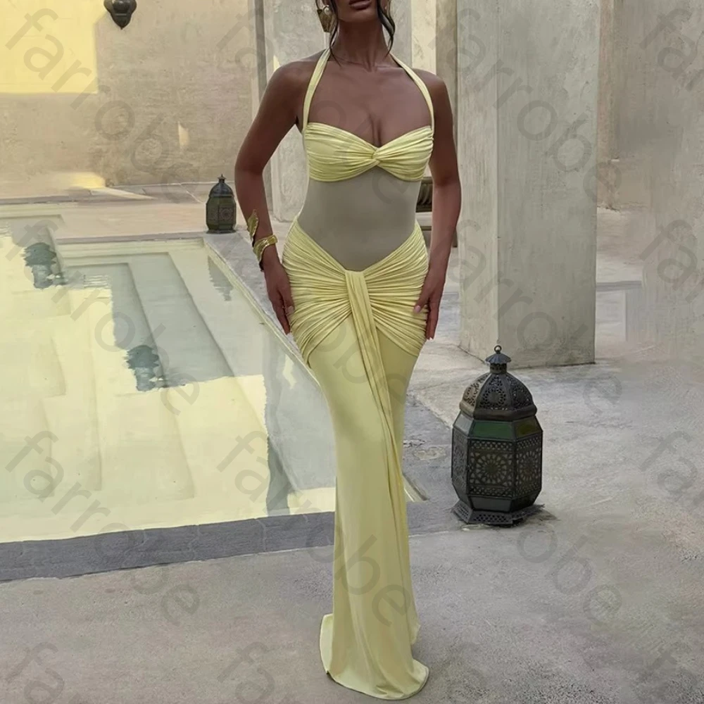 Abiti da sera eleganti senza maniche con cinturino per spaghetti Abito lungo con pieghe senza schienale Squisiti abiti da ballo di alta qualità personalizzati