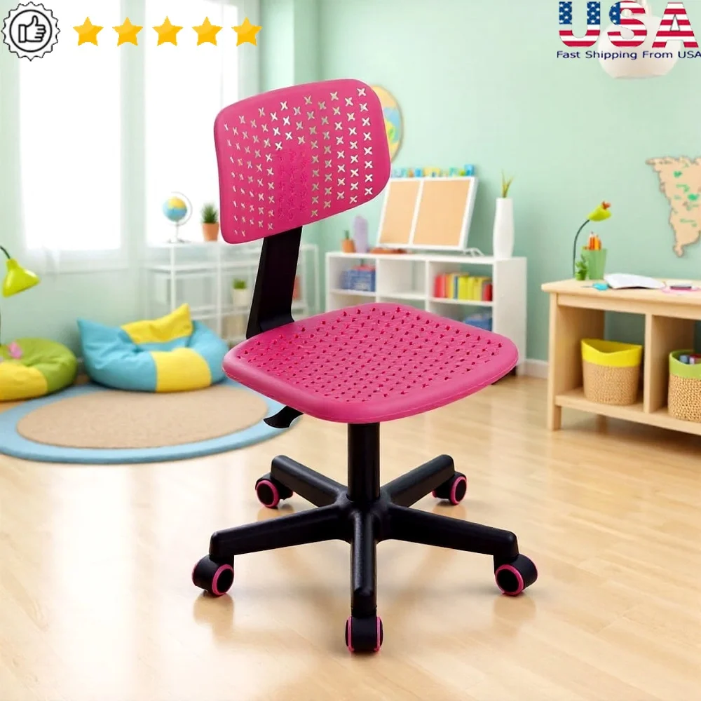 

Adjustable Kids Desk Chair with Swivel Wheels Ergonomic Backrest Breathable Plastic Seat Smooth Rolling Casters Learning Spaces