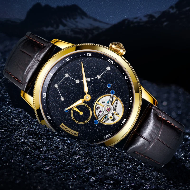 

Shanghai Watch Karousel Big dipper Carousel Manual Winding Mechanical Watches Luxury Men Wristwatch Rotating Dial Luminous Watch