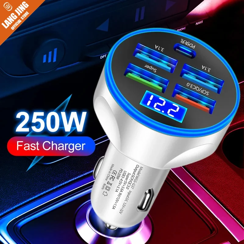 

LANGJING 250W PD Car Charger 5 Ports Fast Charging PD QC 3.0 USB C Car Quick Charger Type-C Adapter in Car For iPhone Samsung