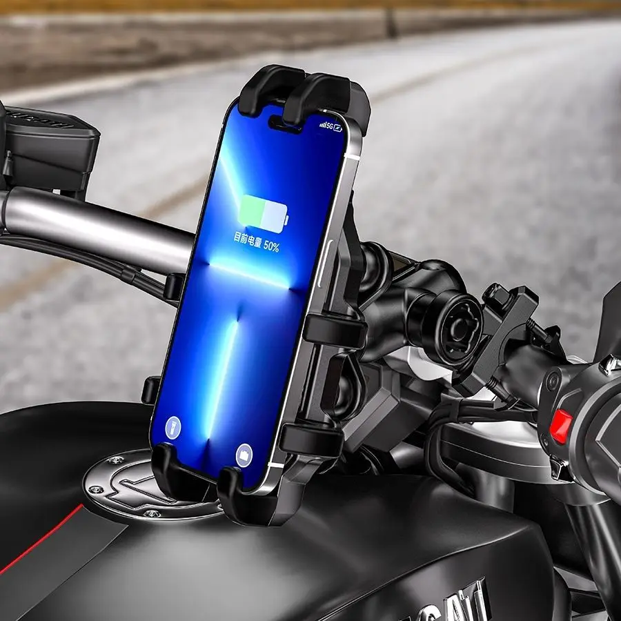 Motorcycle Bike Phone Holder with Shock Absorber Bicycle Handlebar Rearview Mirror Mount Anti-theft Shockproof Phone Bracket