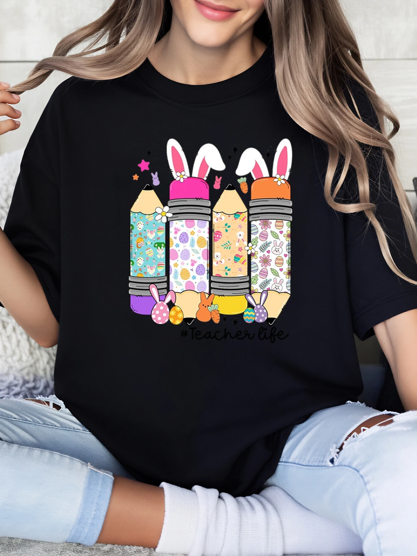 Osterhasen-Buntstifte, Lehrerleben, Aufdruck, T-Shirt, Osterlehrer, Geschenk für Damen, Freizeitkleidung, Schwarz, Übergröße