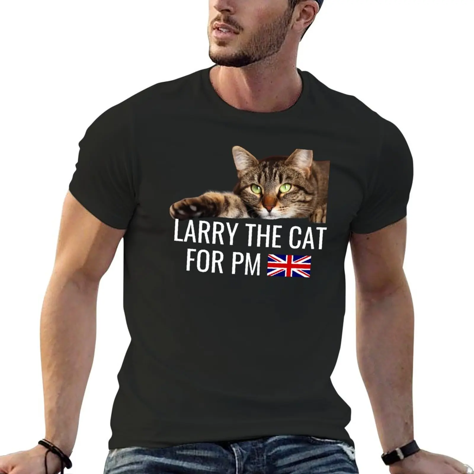 

Larry The Cat For PM. Photo Tabby Cat. White Text Capitals. T-Shirt tops custom shirt baggy shirts men clothes