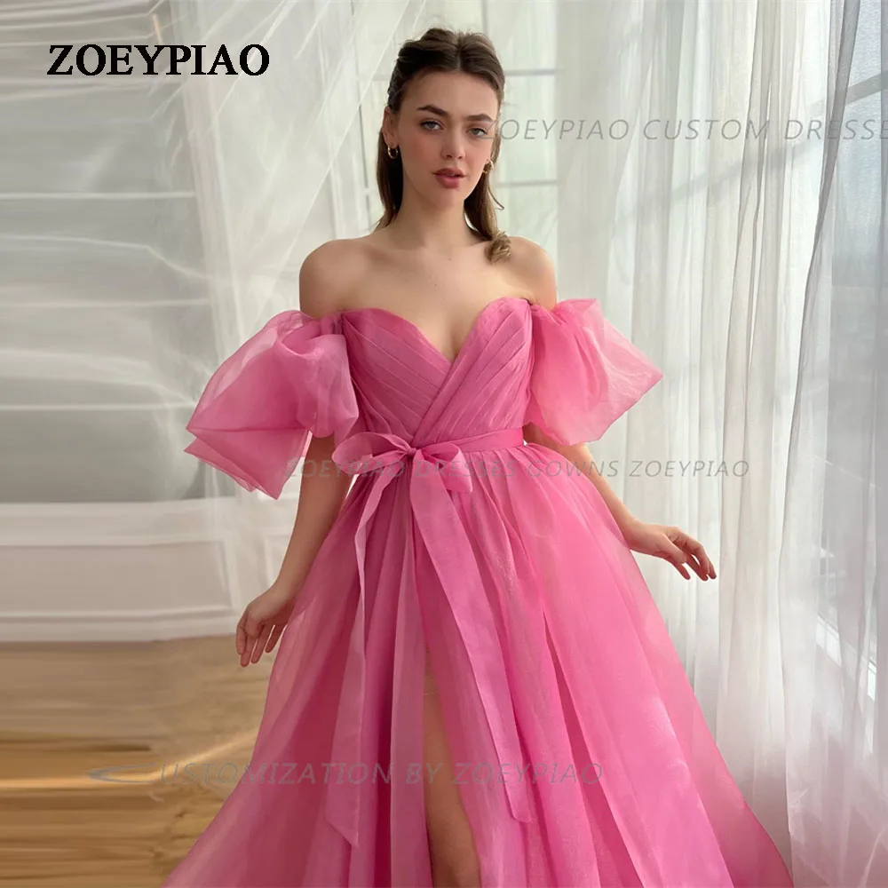 Roze Organza A Line Prom Jurken Korte Mouwen Vrouwen Off Shoulder Liefje Avondjurken Met Strik Gelegenheid Formele Feestjurk