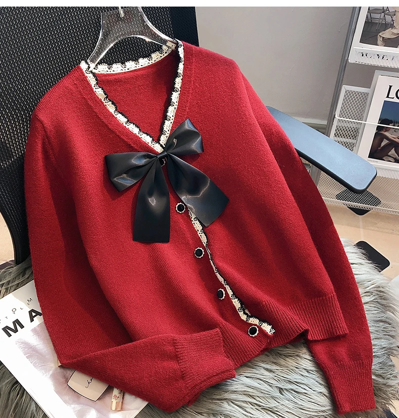 Sweet Bow Sweater Short Coat Single-breasted Knitted Cardigans for Women Autumn Winter Soft Long Sleeve Jackets