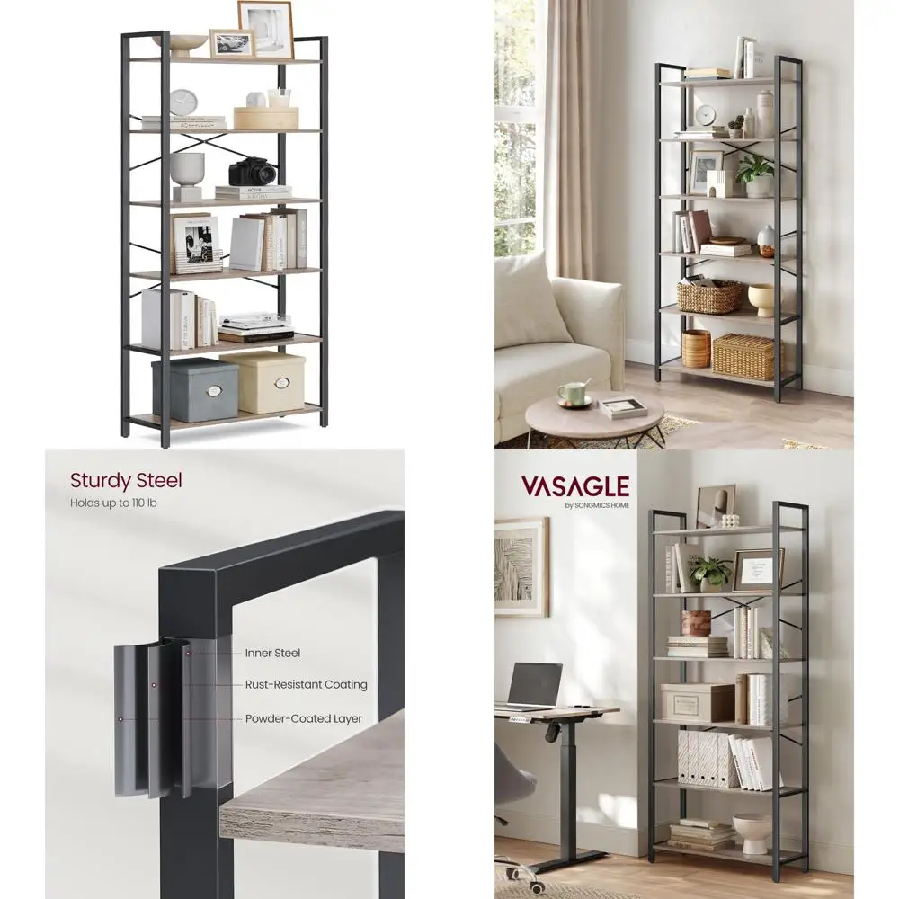 

6-Tier Steel Frame Bookshelf for Living Room, Home Office, Study - 11.8 x 31.5 x 73.2 Inches, Modern Bookcase Storage Solution
