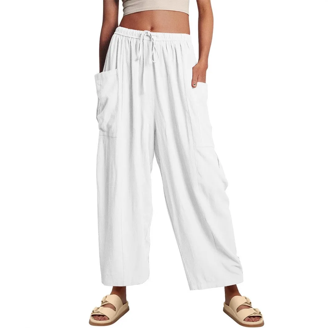 Casual Loose Women's Cotton Linen Pants High Waist Wide Leg Pleated Comfortable Long Trousers Cross-Border Neutral Style