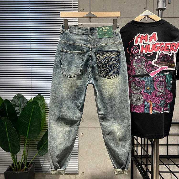 بنطلون جينز رجالي أمريكي ريترو بقصة ضيقة غير رسمي هارلان Sle قطن مطاطي من قماش الدنيم متوسط الخصر بنطلون طويل اتجاه الشباب