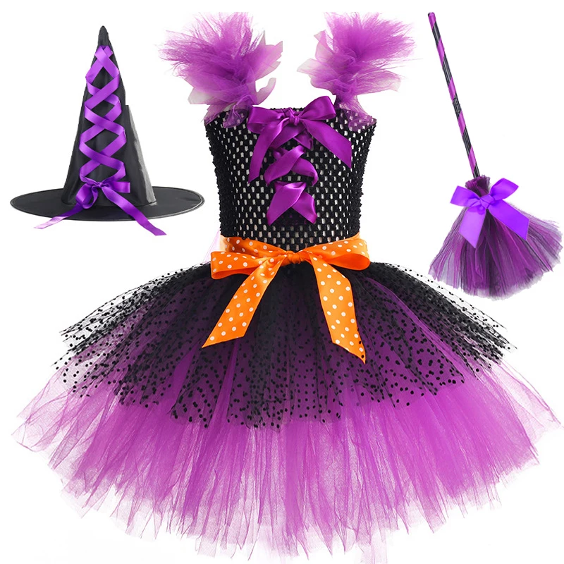 

3 Layers Black Purple Witch Costumes for Girls Carnival Halloween Dresses with Magic Hat Broom Kids Hallowmas Sorceress Outfits