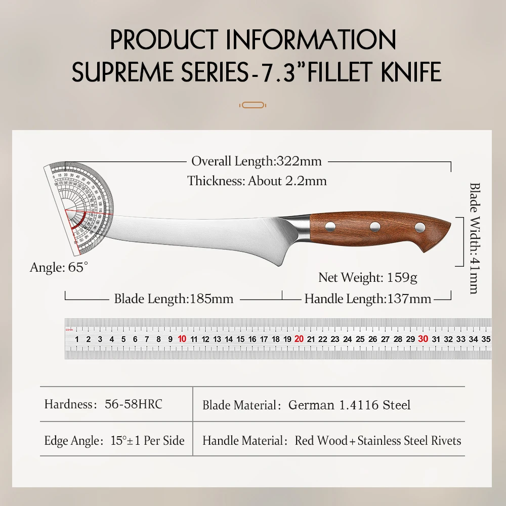 HEZHEN 7.3 Inches Filleting Knife 1.4116 steel Red Wood Handle Fillet Kitchen Knife Accessories Box Packing