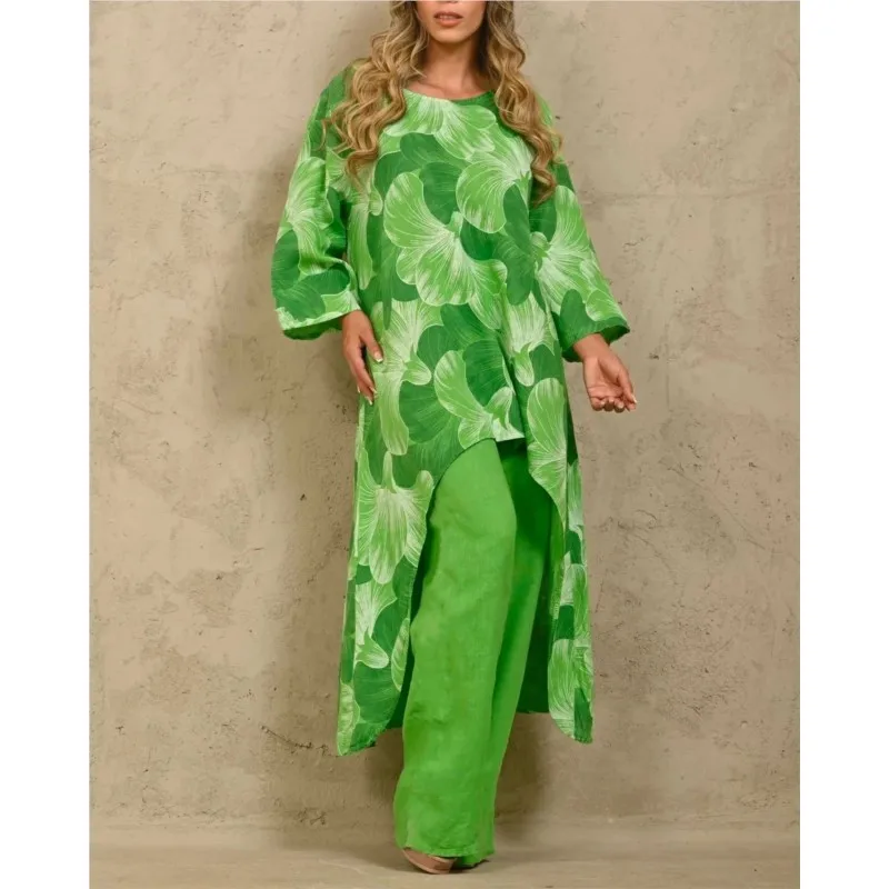 

2025 Spring And Summer Women's Two-piece Set Commuting Casual Printed Long-sleeved Pullover Irregular Top Trousers Two-piece Set