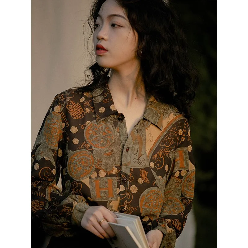 

Baroque Print Blouse Women Long Sleeve Hepburn Top Vintage Loose Retro Hong Kong Style Shirt