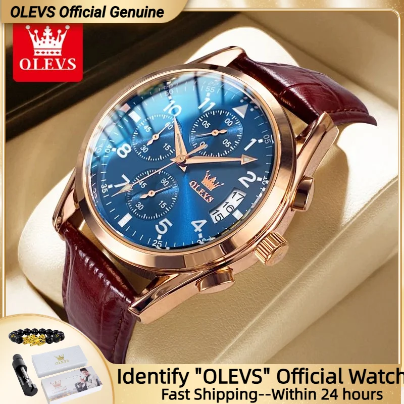 

OLEVS кварцевые часы для мужчин, оригинальный кожаный ремешок, дисплей даты, водонепроницаемые светящиеся деловые повседневные кварцевые мужские часы, лучший бренд