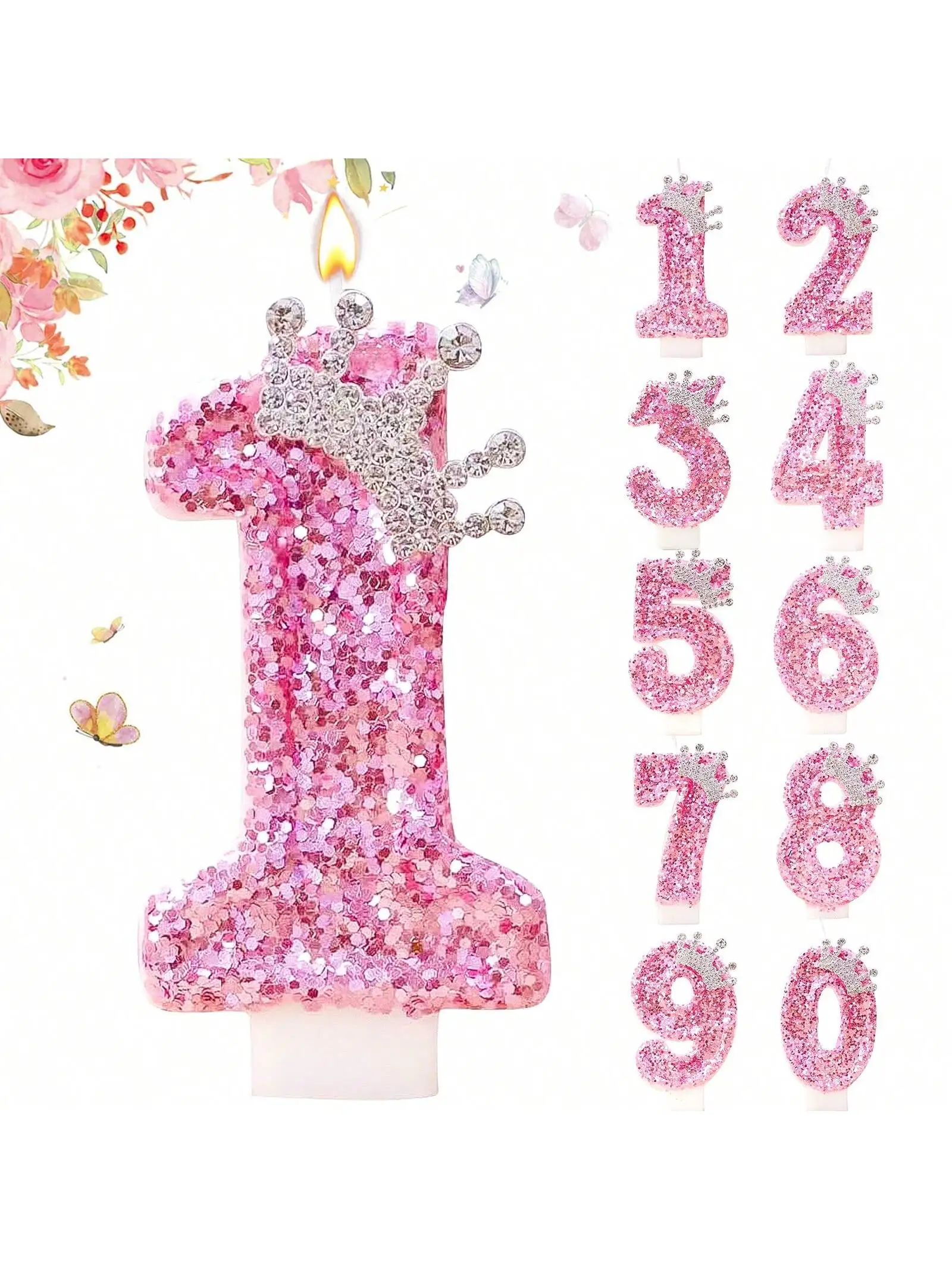 Cake Numeral Candles ，Birthday Candle  pink Colour Creative Candle Princess Crown Girl Happy Birthday Party Decoration