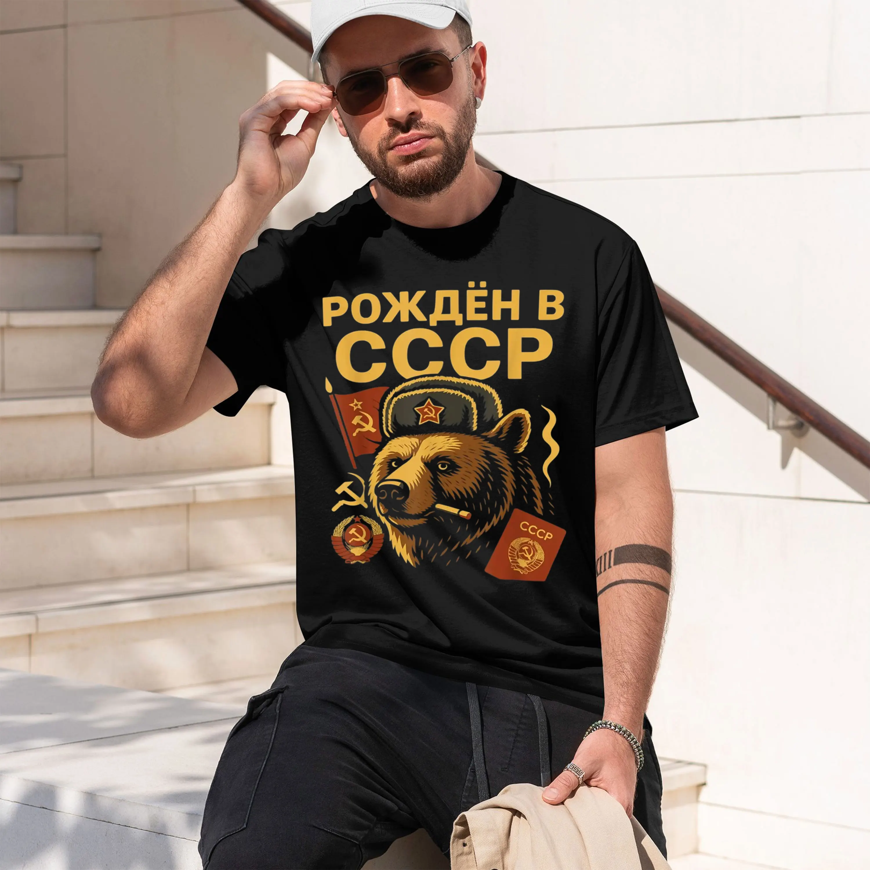 T-shirt pour homme de style soviétique avec inscription URSS et texte « Born In USSR », vêtement décontracté pour l'automne et l'hiver, cadeau pour les passionnés d'histoire et les amateurs de rétro