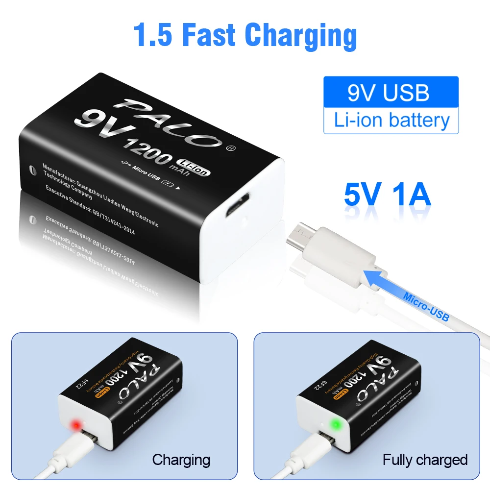 بالو 1200mAh 9V بطارية ليثيوم أيون قابلة للشحن تاج المصغّر USB 6F22 9v بطارية للكشف عن المعادن MicrophoneRC نكاذج الهيلوكابتر