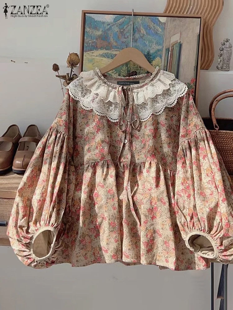 

ZANZEA Vintage Long Lantern Sleeve Tunic Women Bohemian Blouse Sweety Lace Stitching O-neck Tops Holiday Pleating 2025 Chemises