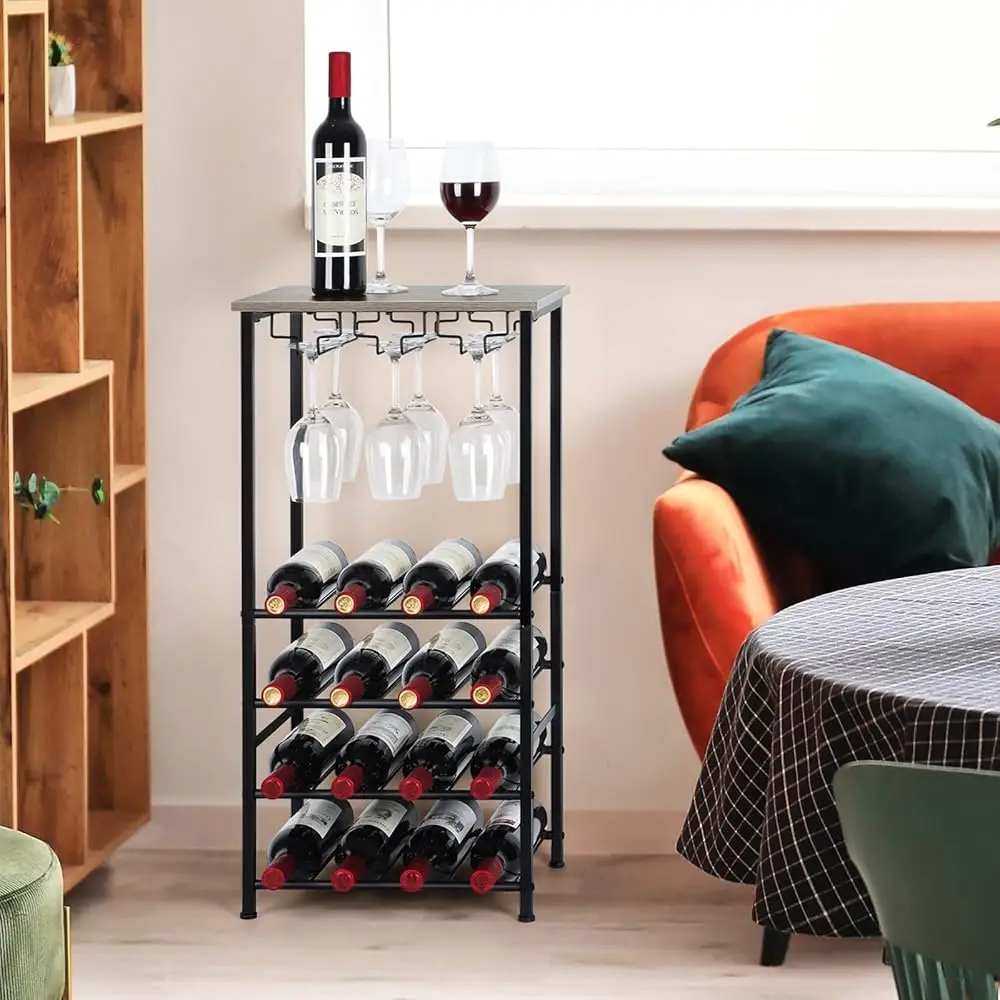 

Wine Bottle Holder, Wine Ra Freestanding Floor With Glass Holder Rack, Wood Tabletop & 16 Bottles Holder, Wine Liquor Cabinet