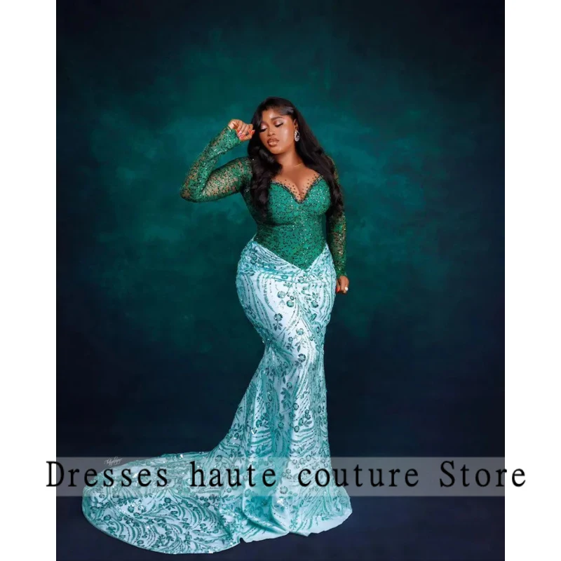 

ASO Oke V Neck Long Sleeve Two Tone Green Beaded Mermaid Evening Dress Lace Nigerian Wedding Plus Size Formal Gown Customized