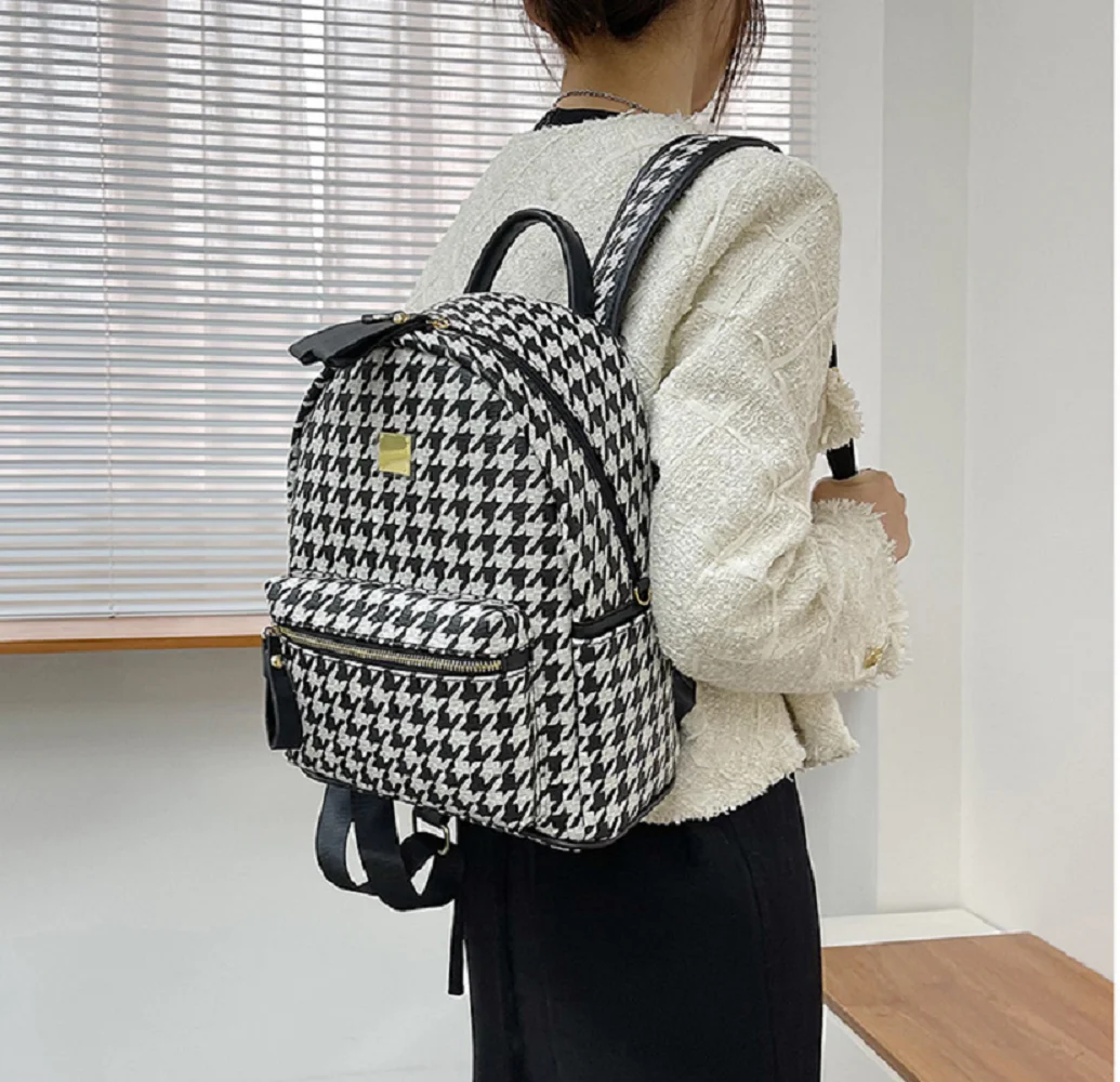 New Fashion Luxury Women Houndstooth Large Capacity Travel Backpacks High Quality Leather Shoulder Bags School Bag Totes Bagpack