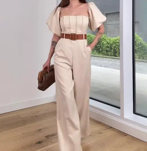 

New One Shoulder Bubble Sleeve High Waist Belt Slimming Style Jumpsuit Summer Women's Elegant Slimming Fashion Jumpsuit
