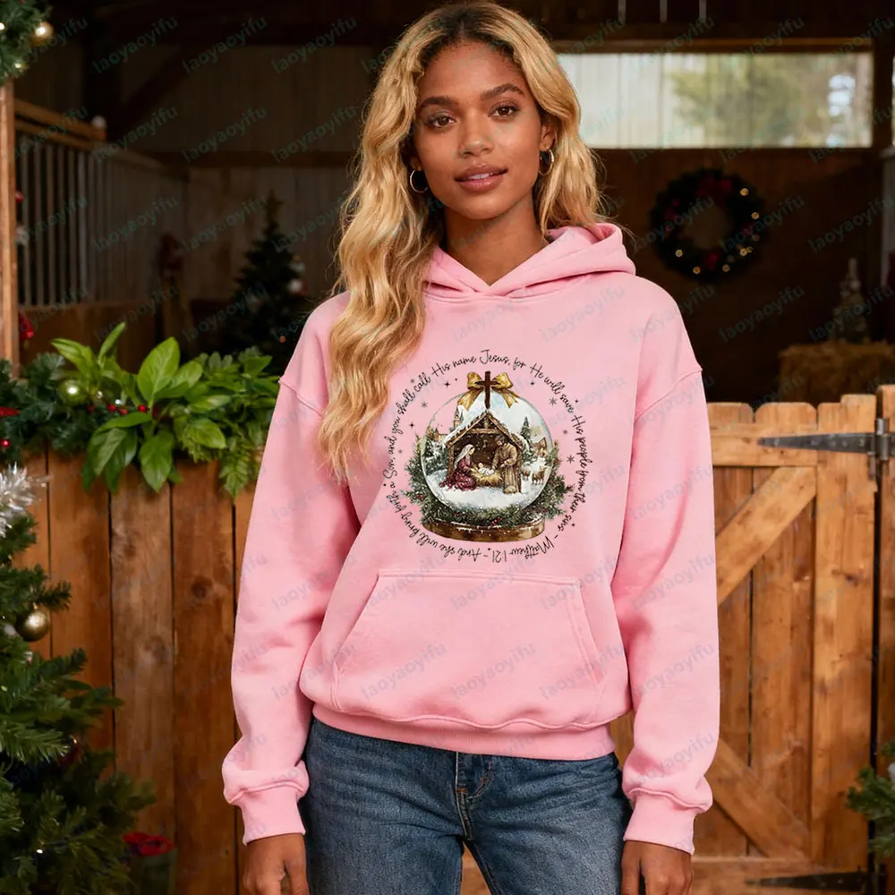 

Vintage Jesus Christmas Night Creative Crystal Ball Design Hoodies Christmas Jesus Clothing Christmas Bible Verse Sweatshirts