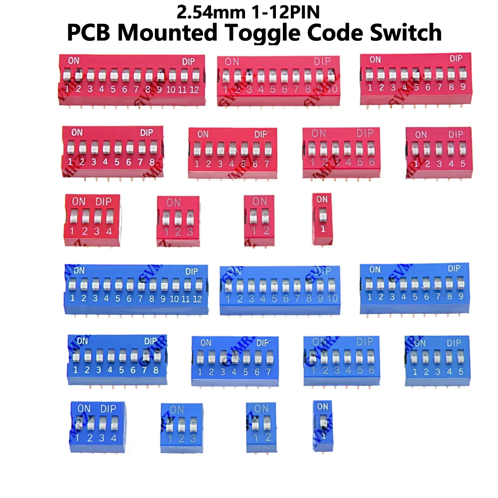 10PCS 2.54mm 1-12PIN 1 2 3 4 5 6 7 12 PIN DIP Switch Red Blue  PCB Mounted Toggle Code Switch ON OFF Selector for Circuit Board