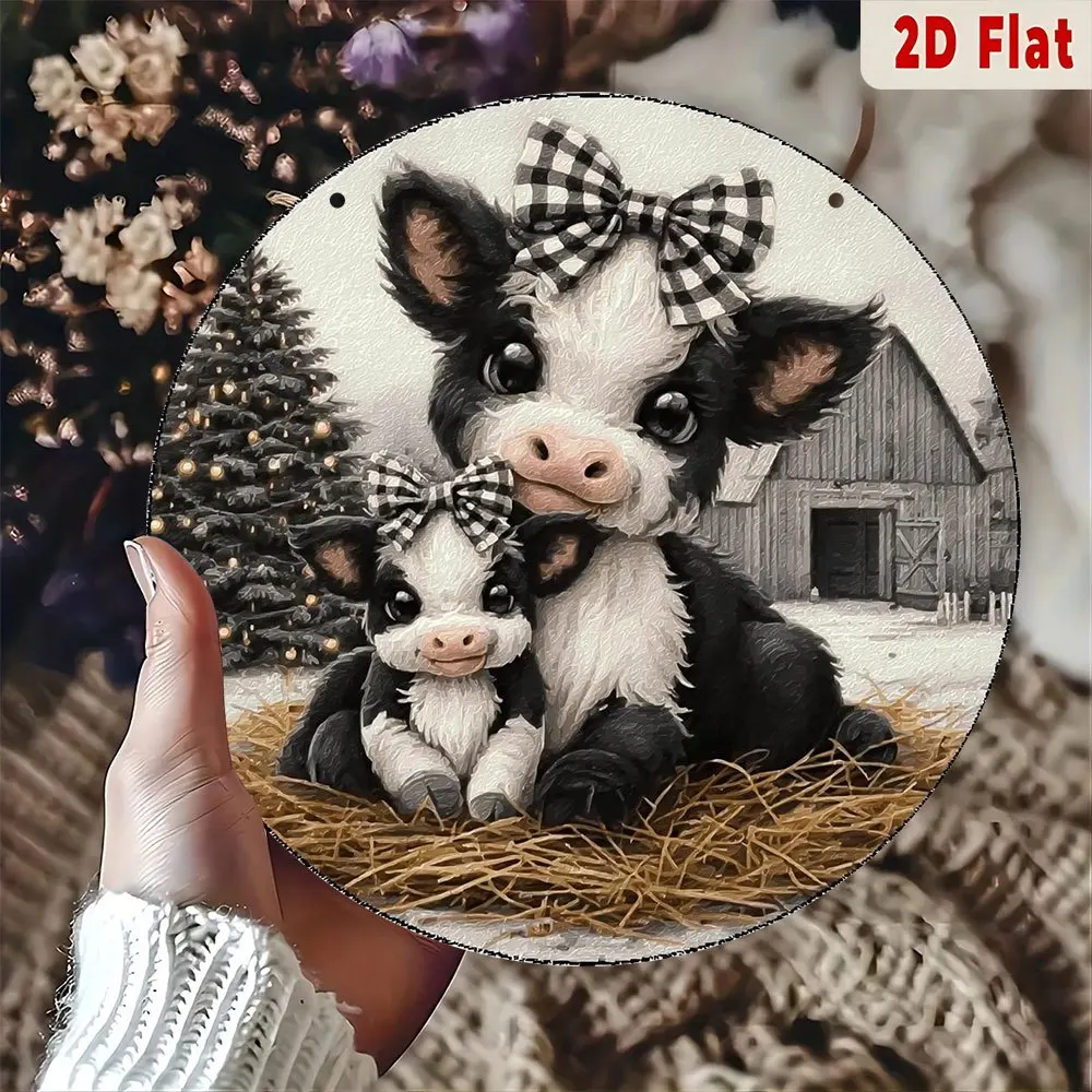 2D Flat Cute Cow & Calf Metal Wall Decor - Vintage Round Fluffy Farmhouse Window Art with Big-Eyed Calf & Mother Cow - Rustic Wi