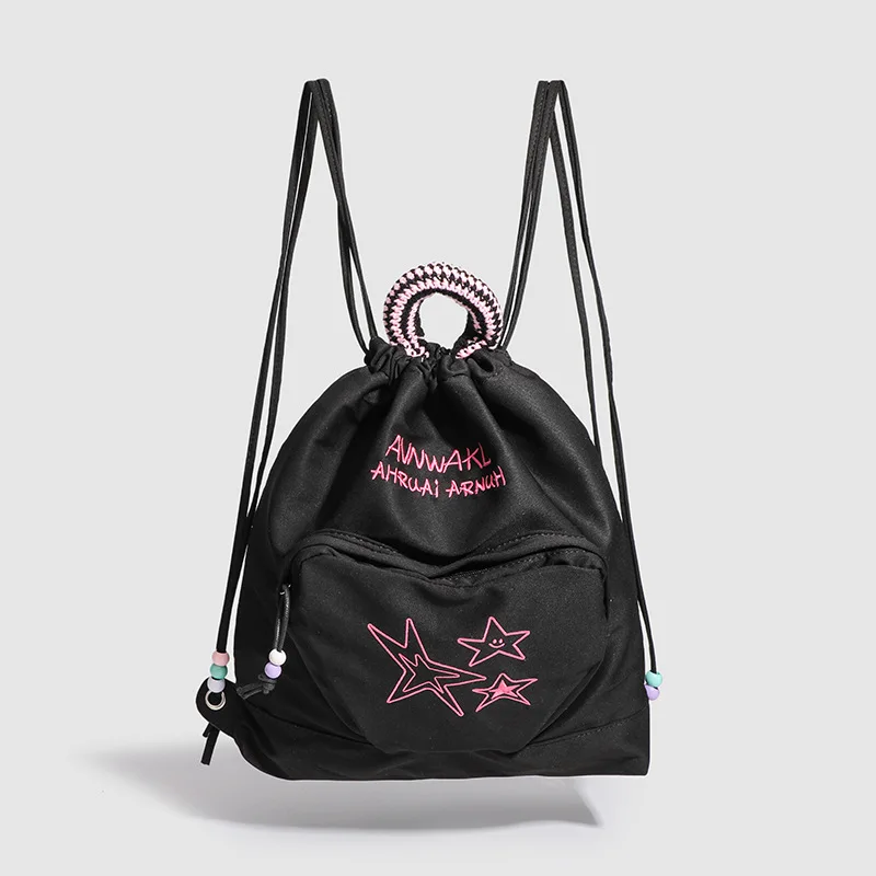 2024 New American Vintage Women Backpacks Casual Female Embroidery Letter Bagpack Large Capacity Handbags Y2K Drawstring Bags