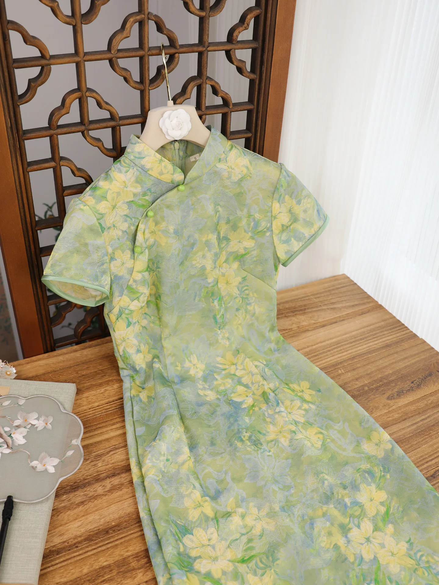 Elegant Short Sleeve Green Qipao Young Style Women's Daily Wear Improved Version Autumn New Arrival Charming Fish Tailored Dress