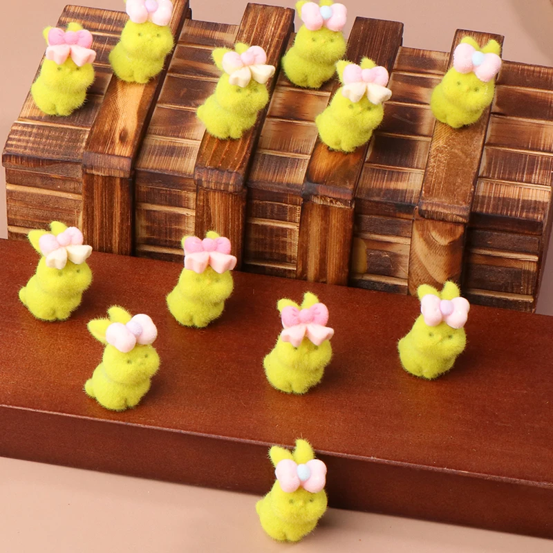 Cute Bow Rabbit Figurines 3D Flocking Bunny Statue Doll Model Dollhouse Mini Landscape Decorations