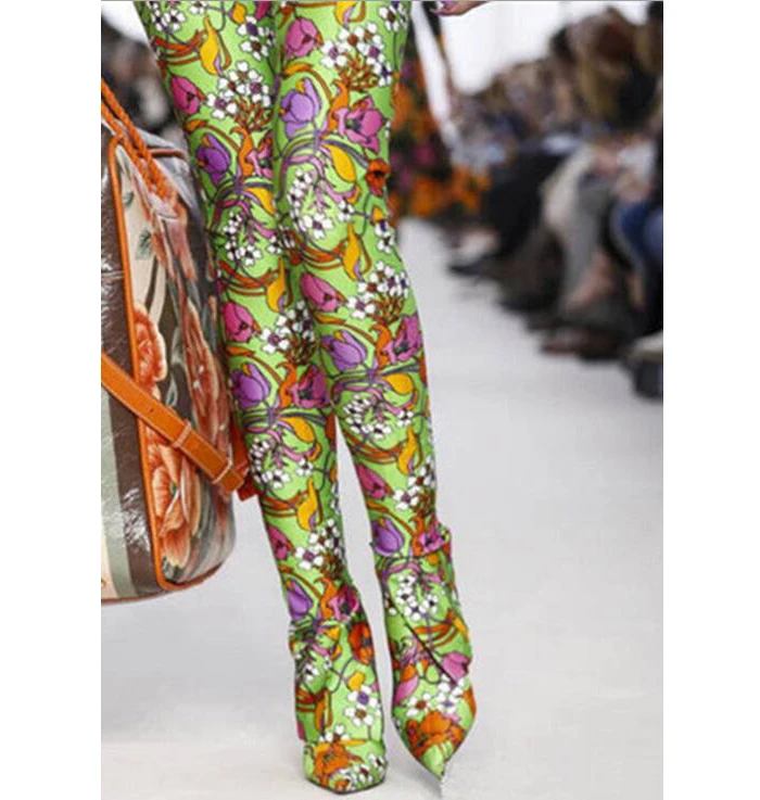 مثير المرأة الفلورسنت الأخضر الأزهار الساتان السراويل الطويلة أحذية الخريف خنجر عالية الكعب قطعة واحدة أشار تو فوق الركبة السراويل بوتاس