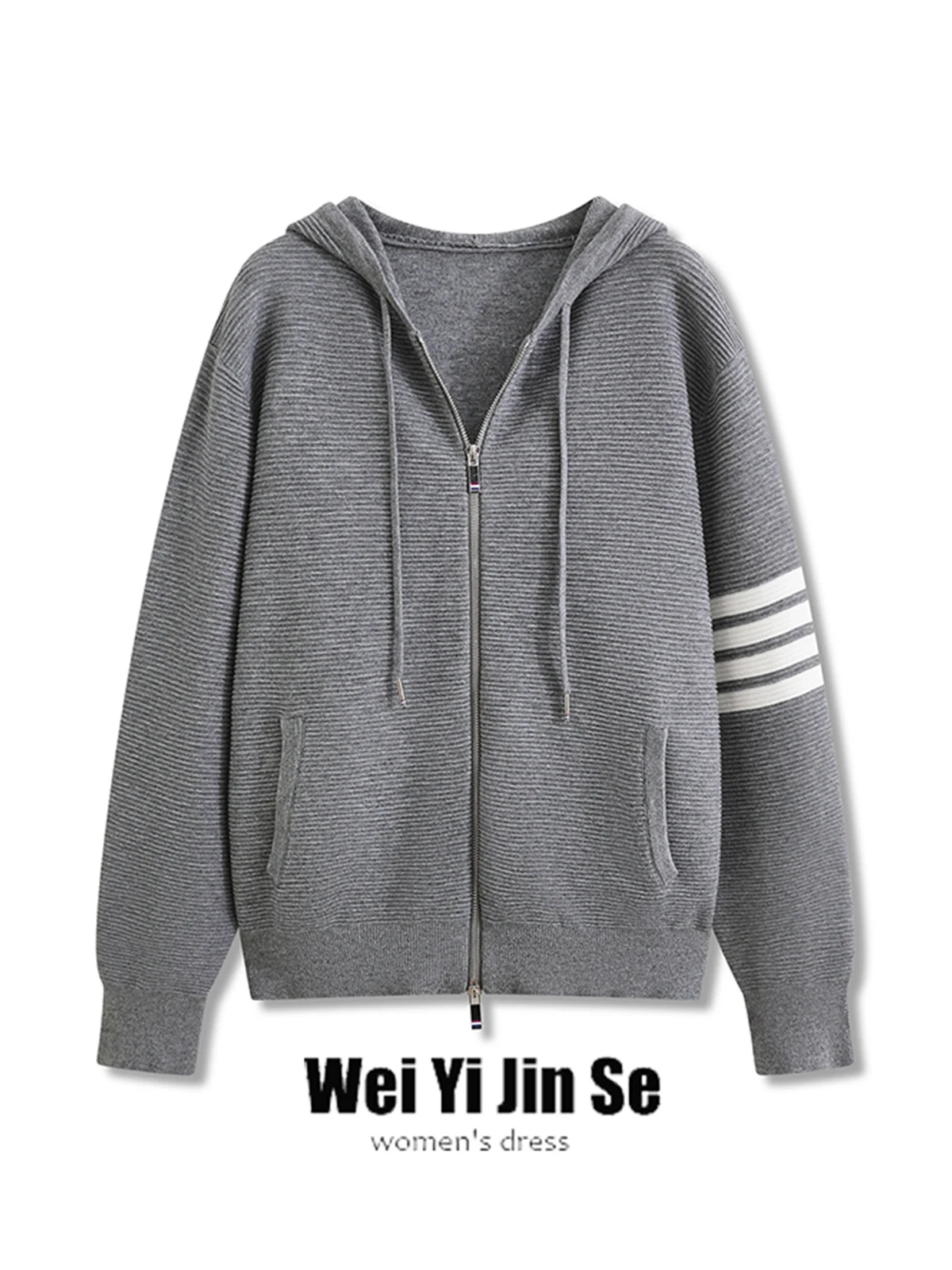 

Women's Knitted Hooded Open Cardigan Spring Autumn Loose Lazy Sle Sweater Jaet College Sle Top Trendy Four Bars Stripes